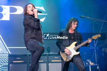 2023-07-06 - Joey Tempest, pseudonym of Rolf Magnus Joakim Larsson (voice) and John Norum (guitar) of the Swedish band of Europe, during their live performs on July 6, 2023 in Ferrara, Italy. - EUROPE - SUMMER TOUR 2023 - CONCERTS - MUSIC BAND