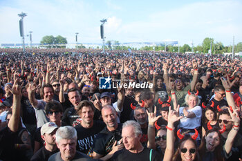 2024-05-25 - Australian heavy metal and rock ’n roll legend band Ac/Dc (guitarist Angus Young and singer Brian Johnson) performing on stage during their “Pwr/up Tour at RCF Arena in Reggio Emilia, Italy, May 25, 2024 - photo Michele Nucci - AC/DC PWR UP TOUR - CONCERTS - MUSIC BAND