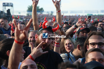 2024-05-25 - Australian heavy metal and rock ’n roll legend band Ac/Dc (guitarist Angus Young and singer Brian Johnson) performing on stage during their “Pwr/up Tour at RCF Arena in Reggio Emilia, Italy, May 25, 2024 - photo Michele Nucci - AC/DC PWR UP TOUR - CONCERTS - MUSIC BAND