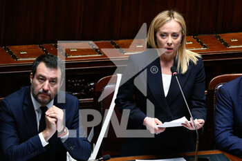 2022-10-25 - Giorgia Meloni and Matteo Salvini during the session in the Chamber of Deputies for the vote of confidence of the Meloni government October 25, 2022 in Rome, Italy. - VOTE OF CONFIDENCE OF THE MELONI GOVERNMENT - NEWS - POLITICS