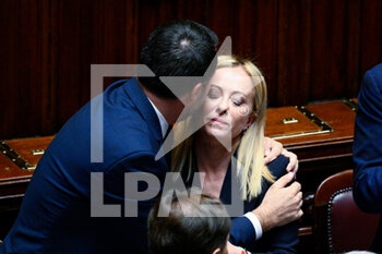 2022-10-25 - Matteo Salvini kisses Giorgia Meloni during the session in the Chamber of Deputies for the vote of confidence of the Meloni government October 25, 2022 in Rome, Italy. - VOTE OF CONFIDENCE OF THE MELONI GOVERNMENT - NEWS - POLITICS