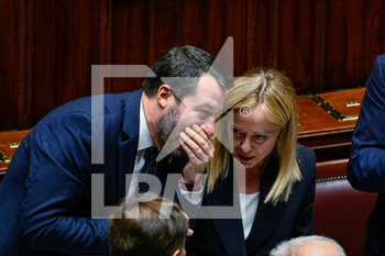 2022-10-25 - Matteo Salvini and Giorgia Meloni during the session in the Chamber of Deputies for the vote of confidence of the Meloni government October 25, 2022 in Rome, Italy. - VOTE OF CONFIDENCE OF THE MELONI GOVERNMENT - NEWS - POLITICS