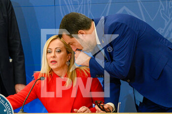 2022-11-22 - Giorgia Meloni and Matteo Salvini during the session press conference after the approval of the 2023 Budget bill by the Council of Ministerst October 25, 2022 in Rome, Italy. - PRESS CONFERENCE AFTER THE APPROVAL OF THE 2023 BUDGET BILL BY THE COUNCIL OF MINISTERS - NEWS - POLITICS