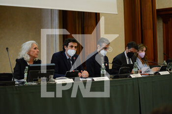 2022-05-03 - From left to right: Paola Severini, Davide Crippa, Gianni Pietro Girotto, Giuseppe Conte, Mariolina Castellone - ROME: THE LEADER OF THE MOVIMENTO CINQUE STELLE PARTY, GIUSEPPE CONTE, PARTICIPATES IN THE CONFERENCE 