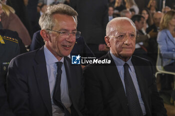 2023-09-29 - The Mayor of Naples Gaetano Manfredi and the President of the Campania region Vincenzo De Luca during In viaggio con la banca d'italia travelling event to promote financial culture stops in Naples 29 September 2023 at the maschio angioino - ITALY:  IN VIAGGIO CON LA BANCA D'ITALIA , IGNAZIO VISCO IN NAPLES  - NEWS - ECONOMY