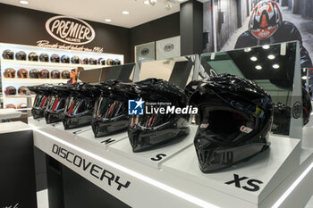 2023-11-07 - Premier Discovery carbon fiber helmets exposed at 80th edition of EICMA - Milan International Exhibition of Cycle and Motorcycle at Rho Fair on November 7, 2023, Rho - Milan, Italy. - EICMA - 80TH EDITION OF INTERNATIONAL CYCLE AND MOTORCYCLE EXHIBITION - NEWS - EVENTS