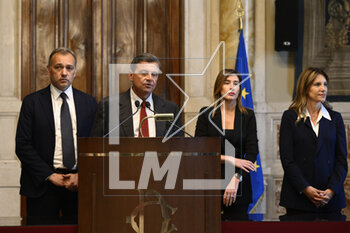 2023-05-09 - Matteo Richetti, Carlo Calenda, Maria Elena Boschi e Raffaella Paita of Azione-Italia Viva during the meetings with the opposition on institutional reforms, May 9, 2023, Chamber of Deputies, in the President's Library, Rome, Italy. - THE PRIME MINISTER, GIORGIA MELONI, MEETS THE REPRESENTATIVES OF THE OPPOSITION POLITICAL FORCES FOR A DISCUSSION ON INSTITUTIONAL REFORMS - NEWS - POLITICS