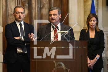 2023-05-09 - Matteo Richetti, Carlo Calenda and Maria Elena Boschi of Azione-Italia Viva during the meetings with the opposition on institutional reforms, May 9, 2023, Chamber of Deputies, in the President's Library, Rome, Italy. - THE PRIME MINISTER, GIORGIA MELONI, MEETS THE REPRESENTATIVES OF THE OPPOSITION POLITICAL FORCES FOR A DISCUSSION ON INSTITUTIONAL REFORMS - NEWS - POLITICS