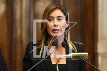 2023-05-09 - Maria Elena Boschi of Azione-Italia Viva during the meetings with the opposition on institutional reforms, May 9, 2023, Chamber of Deputies, in the President's Library, Rome, Italy. - THE PRIME MINISTER, GIORGIA MELONI, MEETS THE REPRESENTATIVES OF THE OPPOSITION POLITICAL FORCES FOR A DISCUSSION ON INSTITUTIONAL REFORMS - NEWS - POLITICS