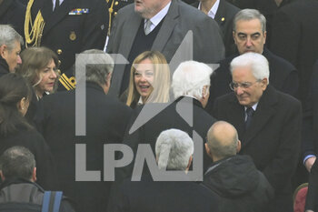 2023-01-05 - Italian President Sergio Mattarella and Prime Minister of Italy Giorgia Meloni during the Funeral Mass for the Pope Emeritus Benedict XVI on January 5, 2023 at St Peter's Basilica, Vatican City,  Vatican. - THE FUNERAL OF POPE EMERITUS BENEDICT XVI - NEWS - RELIGION
