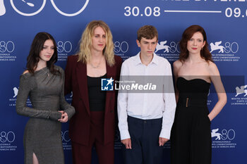 2023-09-07 - From left : actress Cathalina Geeraerts, Belgian director Fien Troch, actor Felix Heremans and actress Greet Verstraete pose during the photocall of the movie 