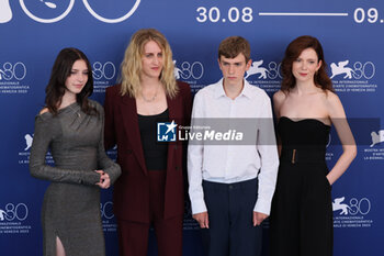 2023-09-07 - From left : actress Cathalina Geeraerts, Belgian director Fien Troch, actor Felix Heremans and actress Greet Verstraete pose during the photocall of the movie 