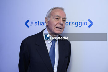 2023-11-21 - Gianni Letta, President of the #afiancodelcoraggio Jury, during the Photocall of the VI edition of the #afiancodelcoraggio literary award, promoted by Roche, which sees the short 
