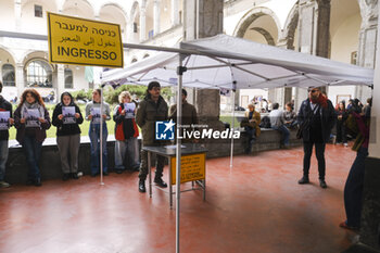 2024-11-21 - The flash-mob with the mock Israeli checkpoint set up by the students of the Political Ecology and Collettivi Autorganizzati Universitari collectives at the entrance to Porta di Massa, one of the seats of the Federico II University of Naples, 21 November 2024 - ITALY: NAPOLI, PRO-PALESTINE DEMONSTRATION  - NEWS - CHRONICLE