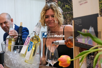 2024-04-14 - Vinitaly exhibitor serves a glass wines to visitors at the 56th Edition of Vinitaly, Internation exposition of wine and Spirits in Verona fair on April 14, 2024 in Verona. Italy - 56TH EDITION OF VINITALY - INTERNATIONAL EXPO OF WINE AND SPIRITS - NEWS - EVENTS