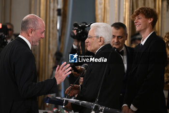 2024-02-01 - Angelo Binaghi, Jannik Sinner and Sergio Mattarella during, the meet with the Italian men's national tennis team, winner of the 2023 Davis Cup, 1 February 2024, at the Palazzo del Quirinale, Rome, Italy. - PRESIDENT SERGIO MATTARELLA MEETS THE ITALIAN MEN'S NATIONAL TENNIS TEAM, WINNER OF THE 2023 DAVIS CUP - NEWS - POLITICS