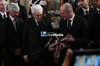 2024-02-01 - Andrea Abodi, Sergio Mattarella and Angelo Binaghi during, the meet with the Italian men's national tennis team, winner of the 2023 Davis Cup, 1 February 2024, at the Palazzo del Quirinale, Rome, Italy. - PRESIDENT SERGIO MATTARELLA MEETS THE ITALIAN MEN'S NATIONAL TENNIS TEAM, WINNER OF THE 2023 DAVIS CUP - NEWS - POLITICS
