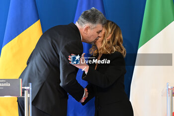 2024-02-15 - Giorgia Meloni and Marcel Ciolacu during the Intergovernmental Summit Italy - Romania Meeting between The President of The Council of Ministers, Giorgia Meloni, the Prime Minister of Romania, Marcel Ciolacu on 15 February 2024 at the Villa Pamphili in Rome, Italy. - ITALY-ROMANIA INTERGOVERNMENTAL SUMMIT - NEWS - POLITICS