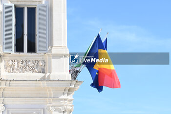 2024-02-15 - The Romania Flag during the Intergovernmental Summit Italy - Romania Meeting between The President of The Council of Ministers, Giorgia Meloni, the Prime Minister of Romania, Marcel Ciolacu on 15 February 2024 at the Villa Pamphili in Rome, Italy. - ITALY-ROMANIA INTERGOVERNMENTAL SUMMIT - NEWS - POLITICS