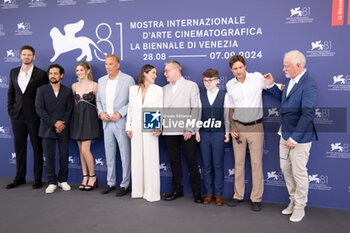 2024-09-07 - (L-R) Jon Beavers, Alejandro Edda, Georgia MacPhail, Director Kevin Costner, Isabelle Fuhrman, David O'Hara, Aidan McCann, Luke Wilson and guest attend the 