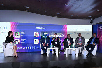 2024-11-19 - (L+R) Giusy Meloni DAZN, Luigi De Siervo Lega Serie A, Romano Righetti DAZN, Antonio Amati ALMAVIVA, Gaetano Cutarelli GUARDIA DI FINANZA and Massimiliani Capitanio AGCOM during the Social Football Summit 2024 at the Olympic Stadium on November 19, 2024 in Rome, Italy. - SOCIAL FOOTBALL SUMMIT 2024 - NEWS - VIP