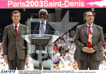 2001-09-04 - ATHLETICS - IAAF WORLD CHAMPIONSHIPS 2003 - PARIS 2003 - STADE DE FRANCE - PHOTO : FRANCK FAUGERE / DPPI OPENING CEREMONY - PARIS 2003 ORGANISING COMMITTEE PRESIDENT JEAN DUSSOURD (FRA) - LAMINE DIACK (SEN) / IAAF PRESIDENT - FRENCH FEDERATION OF ATHLETISM PRESIDENT BERNARD AMSALEM (FRA) - LAMINE DIACK HISTORICAL PHOTOS - INTERNATIONALS - ATHLETICS