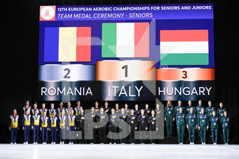 2021-09-18 - Medal Ceremony Senior Team:
1) Italy
2) Romania
3) Hungary - GINNASTICA AEROBICA - EUROPEI - GYMNASTICS - OTHER SPORTS
