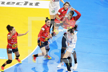 2021-12-19 - Mie Enggrob Hojlund of Denmark and Carmen Dolores Martin Berenguer, Maitane Echeverria Martinez, Kaba Gassama Cissokho of Spain during the IHF Women's World Championship 2021, Third place final handball match between Denmark and Spain on December 19, 2021 at Palau d'Esports de Granollers in Granollers, Barcelona, Spain - IHF WOMEN'S WORLD CHAMPIONSHIP 2021, THIRD PLACE FINAL - DENMARK AND SPAIN - HANDBALL - OTHER SPORTS