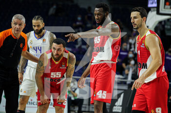 2021-10-13 - Mike James of Monaco, Donta Hall of Monaco and Leo Westermann of Monaco during the Turkish Airlines Euroleague basketball match between Real Madrid and AS Monaco on October 13, 2021 at Wizink Center in Madrid, Spain - REAL MADRID VS AS MONACO - EUROLEAGUE - BASKETBALL