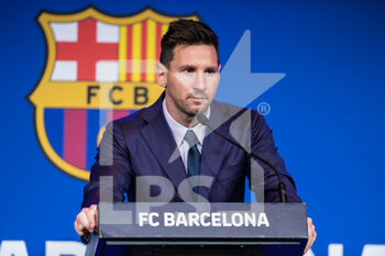 2021-08-08 - Lionel "Leo" Messi during his press conference to talk about his departure from FC Barcelona on August 8, 2021 at Camp Nou stadium in Barcelona, Spain - Photo Marc Gonzalez Aloma / Spain DPPI / DPPI - LIONEL LEO MESSI IN PRESSE CONFERENCE - OTHER - SOCCER
