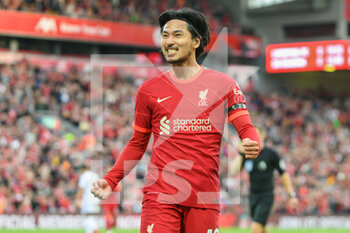 2021-08-09 - Liverpool's forward Takumi Minamino (18) celebrates after the Jesus Areso Blanco own goal 1-0 during the Pre-Season Friendly football match between Liverpool and Osasuna on August 9, 2021 at Anfield in Liverpool, England - Photo Philip Bryan / ProSportsImages / DPPI - PRE-SEASON FRIENDLY FOOTBALL MATCH LIVERPOOL VS OSASUNA - FRIENDLY MATCH - SOCCER