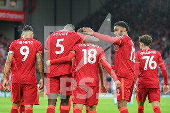 2021-08-09 - Liverpool's forward Takumi Minamino (18) celebrates his goal with teammates 1-0 during the Pre-Season Friendly football match between Liverpool and Osasuna on August 9, 2021 at Anfield in Liverpool, England - Photo Philip Bryan / ProSportsImages / DPPI - PRE-SEASON FRIENDLY FOOTBALL MATCH LIVERPOOL VS OSASUNA - FRIENDLY MATCH - SOCCER