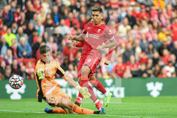 2021-08-09 - Liverpool's forward Roberto Firmino (9) scores a goal 3-0, Juan Perez of Osasuna during the Pre-Season Friendly football match between Liverpool and Osasuna on August 9, 2021 at Anfield in Liverpool, England - Photo Philip Bryan / ProSportsImages / DPPI - PRE-SEASON FRIENDLY FOOTBALL MATCH LIVERPOOL VS OSASUNA - FRIENDLY MATCH - SOCCER