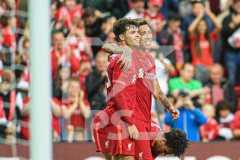 2021-08-09 - Liverpool's forward Roberto Firmino (9) celebrates the 3-0 goal during the Pre-Season Friendly football match between Liverpool and Osasuna on August 9, 2021 at Anfield in Liverpool, England - Photo Philip Bryan / ProSportsImages / DPPI - PRE-SEASON FRIENDLY FOOTBALL MATCH LIVERPOOL VS OSASUNA - FRIENDLY MATCH - SOCCER