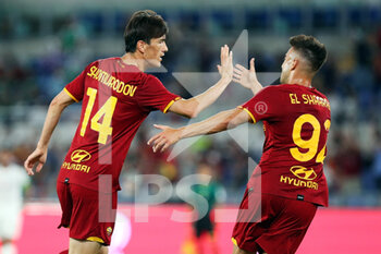 2021-08-14 - Eldor Shomurodov of Roma (L) celebrates with Stephan El Shaarawy (R) after scoring 1-0 goal during the Pre-Season Friendly football match between AS Roma and Raja Casablanca on August 14, 2021 at Stadio Olimpico in Rome, Italy - Photo Federico Proietti / DPPI - AS ROMA VS RAJA CASABLANCA - FRIENDLY MATCH - SOCCER
