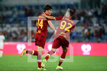 2021-08-14 - Eldor Shomurodov of Roma (L) celebrates with Stephan El Shaarawy (R) after scoring 1-0 goal during the Pre-Season Friendly football match between AS Roma and Raja Casablanca on August 14, 2021 at Stadio Olimpico in Rome, Italy - Photo Federico Proietti / DPPI - AS ROMA VS RAJA CASABLANCA - FRIENDLY MATCH - SOCCER