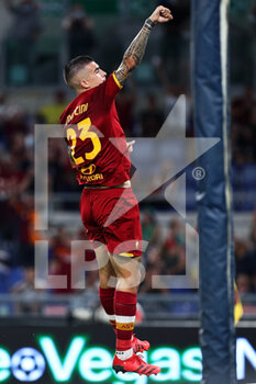 2021-08-14 - Gianluca Mancini of Roma celebrates after scoring 2-0 goal during the Pre-Season Friendly football match between AS Roma and Raja Casablanca on August 14, 2021 at Stadio Olimpico in Rome, Italy - Photo Federico Proietti / DPPI - AS ROMA VS RAJA CASABLANCA - FRIENDLY MATCH - SOCCER