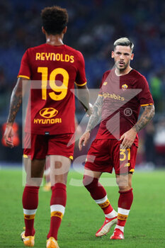 2021-08-14 - Carles Perez (R) and Bryan Reynolds (L) of Roma talk each other during the Pre-Season Friendly football match between AS Roma and Raja Casablanca on August 14, 2021 at Stadio Olimpico in Rome, Italy - Photo Federico Proietti / DPPI - AS ROMA VS RAJA CASABLANCA - FRIENDLY MATCH - SOCCER