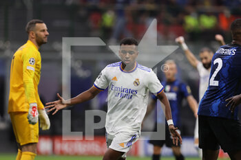 2021-09-15 - Rodrygo of Real Madrid CF celebrates after scoring a goal during the UEFA Champions League 2021/22 Group Stage - Group D football match between FC Internazionale and Real Madrid CF at Giuseppe Meazza Stadium, Milan, Italy on September 15, 2021 - GROUP D - INTER - FC INTERNAZIONALE VS REAL MADRID - UEFA CHAMPIONS LEAGUE - SOCCER