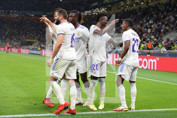 2021-09-15 - Rodrygo of Real Madrid CF celebrates with his teammates during the UEFA Champions League 2021/22 Group Stage - Group D football match between FC Internazionale and Real Madrid CF at Giuseppe Meazza Stadium, Milan, Italy on September 15, 2021 - GROUP D - INTER - FC INTERNAZIONALE VS REAL MADRID - UEFA CHAMPIONS LEAGUE - SOCCER