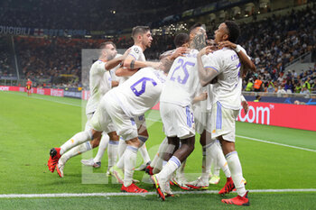 2021-09-15 - Rodrygo of Real Madrid CF celebrates with his teammates during the UEFA Champions League 2021/22 Group Stage - Group D football match between FC Internazionale and Real Madrid CF at Giuseppe Meazza Stadium, Milan, Italy on September 15, 2021 - GROUP D - INTER - FC INTERNAZIONALE VS REAL MADRID - UEFA CHAMPIONS LEAGUE - SOCCER