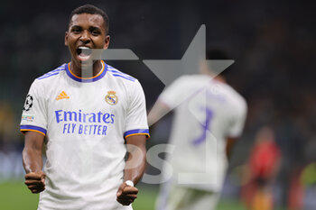 2021-09-15 - Rodrygo of Real Madrid CF celebrates after scoring a goal during the UEFA Champions League 2021/22 Group Stage - Group D football match between FC Internazionale and Real Madrid CF at Giuseppe Meazza Stadium, Milan, Italy on September 15, 2021 - GROUP D - INTER - FC INTERNAZIONALE VS REAL MADRID - UEFA CHAMPIONS LEAGUE - SOCCER
