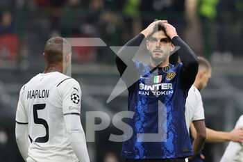 2021-11-24 - Andrea Ranocchia of FC Internazionale reacts during the UEFA Champions League 2021/22 Group Stage - Group D football match between FC Internazionale and FC Shakhtar Donetsk at Giuseppe Meazza Stadium, Milan, Italy on November 24, 2021 - INTER - FC INTERNAZIONALE VS SHAKHTAR DONETSK - UEFA CHAMPIONS LEAGUE - SOCCER