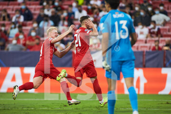 2021-09-14 - Luka Sucic of Salzburg celebrates a goal during the UEFA Champions League, Group G, football match played between Sevilla FC and RB Salzburg at Ramon Sanchez-Pizjuan stadium on September 14, 2021, in Sevilla, Spain - GROUP G - SEVILLA FC VS RB SALZBURG - UEFA CHAMPIONS LEAGUE - SOCCER
