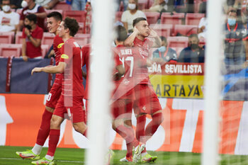 2021-09-14 - Luka Sucic of Salzburg celebrates a goal with teammates during the UEFA Champions League, Group G, football match played between Sevilla FC and RB Salzburg at Ramon Sanchez-Pizjuan stadium on September 14, 2021, in Sevilla, Spain - GROUP G - SEVILLA FC VS RB SALZBURG - UEFA CHAMPIONS LEAGUE - SOCCER