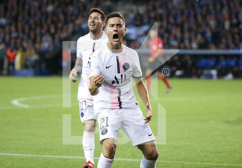 2021-09-15 - Ander Herrera of PSG celebrates his goal with Lionel Messi of PSG during the UEFA Champions League, Group Stage, Group 1 football match between Club Brugge KV and Paris Saint-Germain (PSG)on September 15, 2021 at Jan Breydel Stadion in Bruges, Belgium - CLUB BRUGGE KV VS PARIS SAINT-GERMAIN (PSG) - UEFA CHAMPIONS LEAGUE - SOCCER