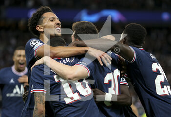 2021-09-28 - Lionel Messi of PSG celebrates his goal with Marquinhos and teammates during the UEFA Champions League, Group A football match between Paris Saint-Germain and Manchester City on September 28, 2021 at Parc des Princes stadium in Paris, France - PARIS SAINT-GERMAIN VS MANCHESTER CITY - UEFA CHAMPIONS LEAGUE - SOCCER
