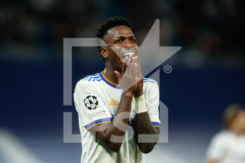 2021-09-28 - Vinicius Junior of Real Madrid reacts during the UEFA Champions League, Group D football match between Real Madrid and FC Sheriff Tiraspol on Septenber 28, 2021 at Santiago Bernabeu stadium in Madrid, Spain - REAL MADRID VS FC SHERIFF TIRASPOL - UEFA CHAMPIONS LEAGUE - SOCCER
