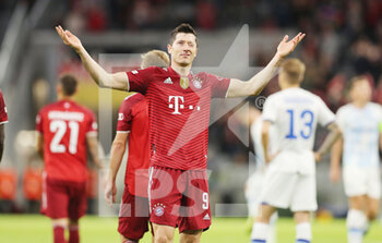 2021-09-29 - Robert Lewandowski of Bayern Munich celebrates after the 2-0 goal during the UEFA Champions League, Group E football match between Bayern Munich and Dynamo Kiev on September 29, 2021 at Allianz Arena in Munich, Germany - BAYERN MUNICH VS DYNAMO KIEV - UEFA CHAMPIONS LEAGUE - SOCCER
