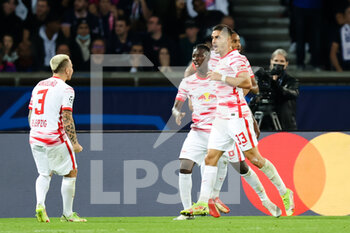 2021-10-19 - Andre Silva of RB Leipzig celebrates after scoring his sides first goal during the UEFA Champions League, Group A football match between Paris Saint-Germain and RB Leipzig on October 19, 2021 at Parc des Princes stadium in Paris, France - PARIS SAINT-GERMAIN VS RB LEIPZIG - UEFA CHAMPIONS LEAGUE - SOCCER
